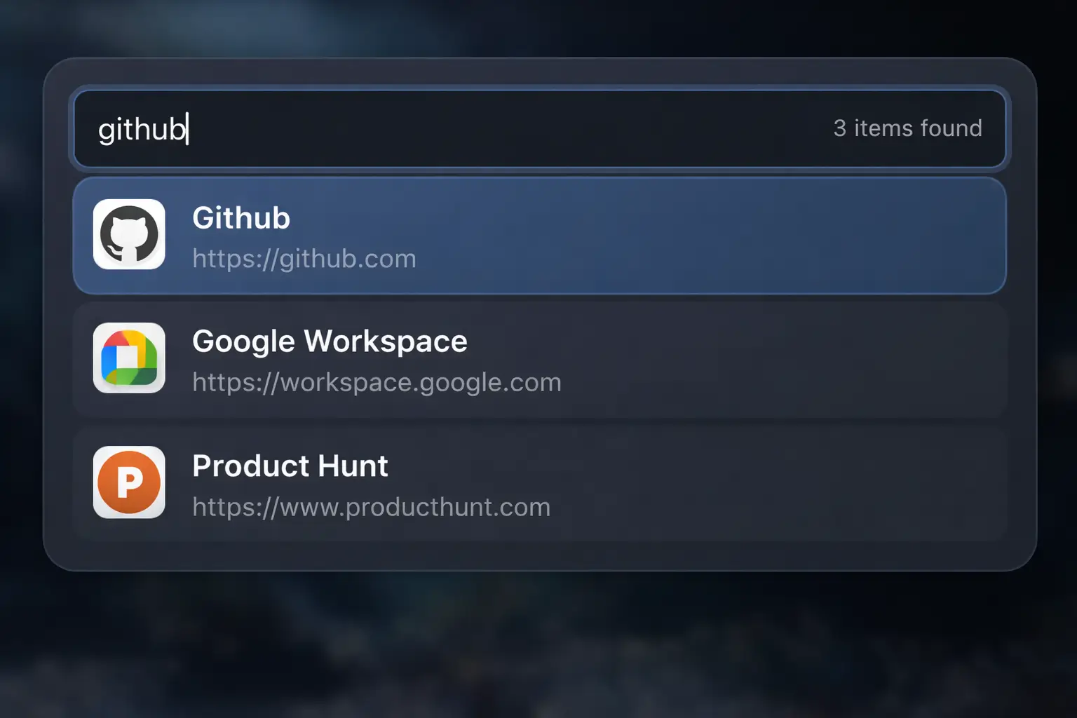 PWTray app interface showing a Spotlight-like search bar with 'github' typed and three matching vault items listed below